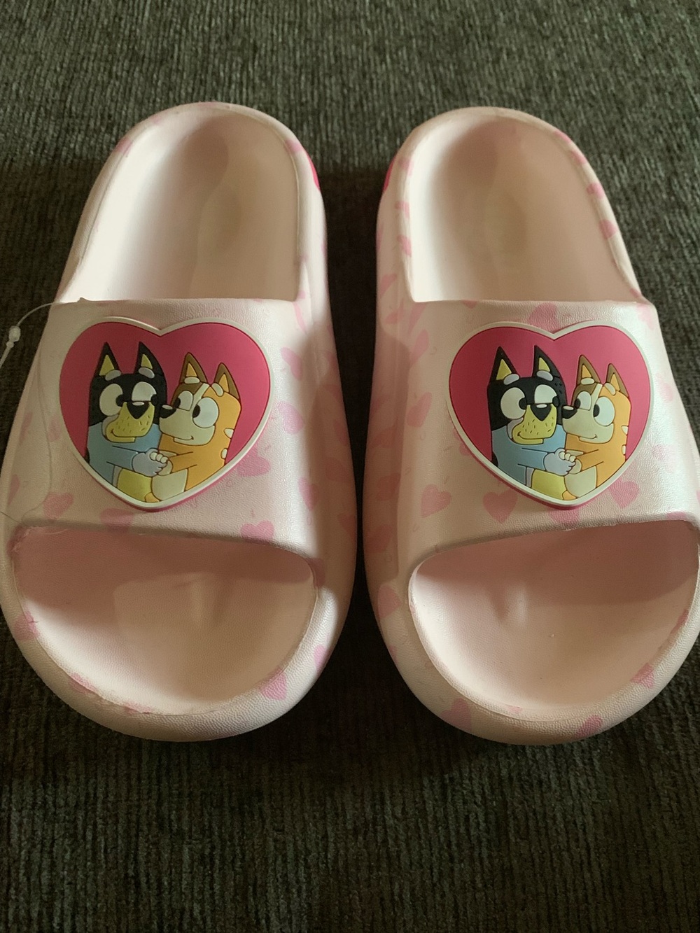 Woman Pink Bluey Slide Sandals with Cartoon Heart Patch